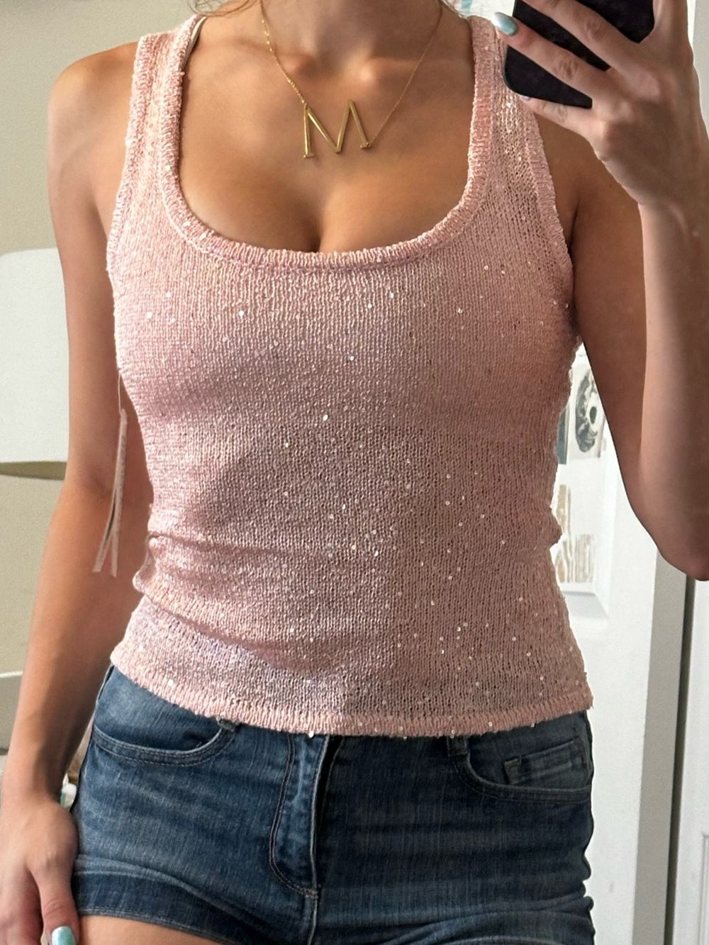 No Boundaries Pink Sequin Scoop Neck Tank Top